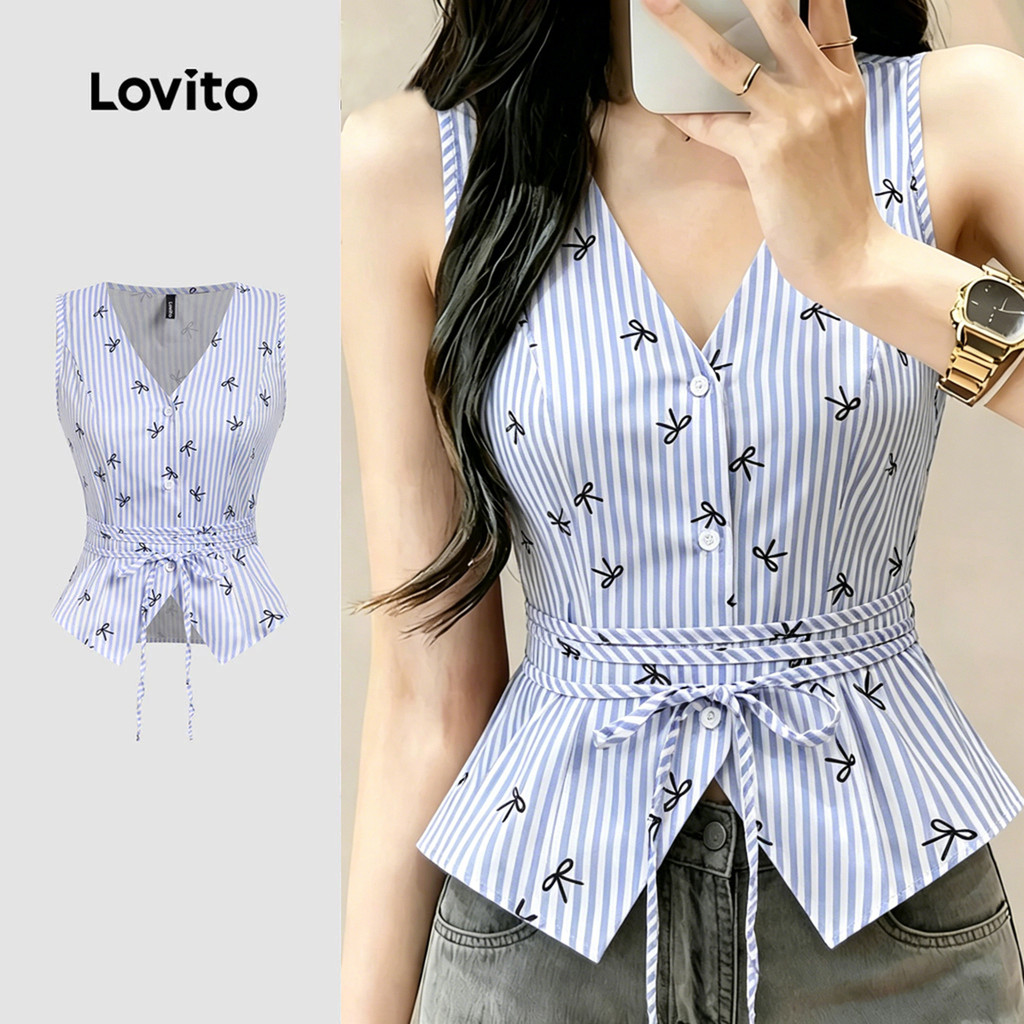 Lovito Boho Top Botão Top Azul Primavera/verão para Mulheres L183ED1076