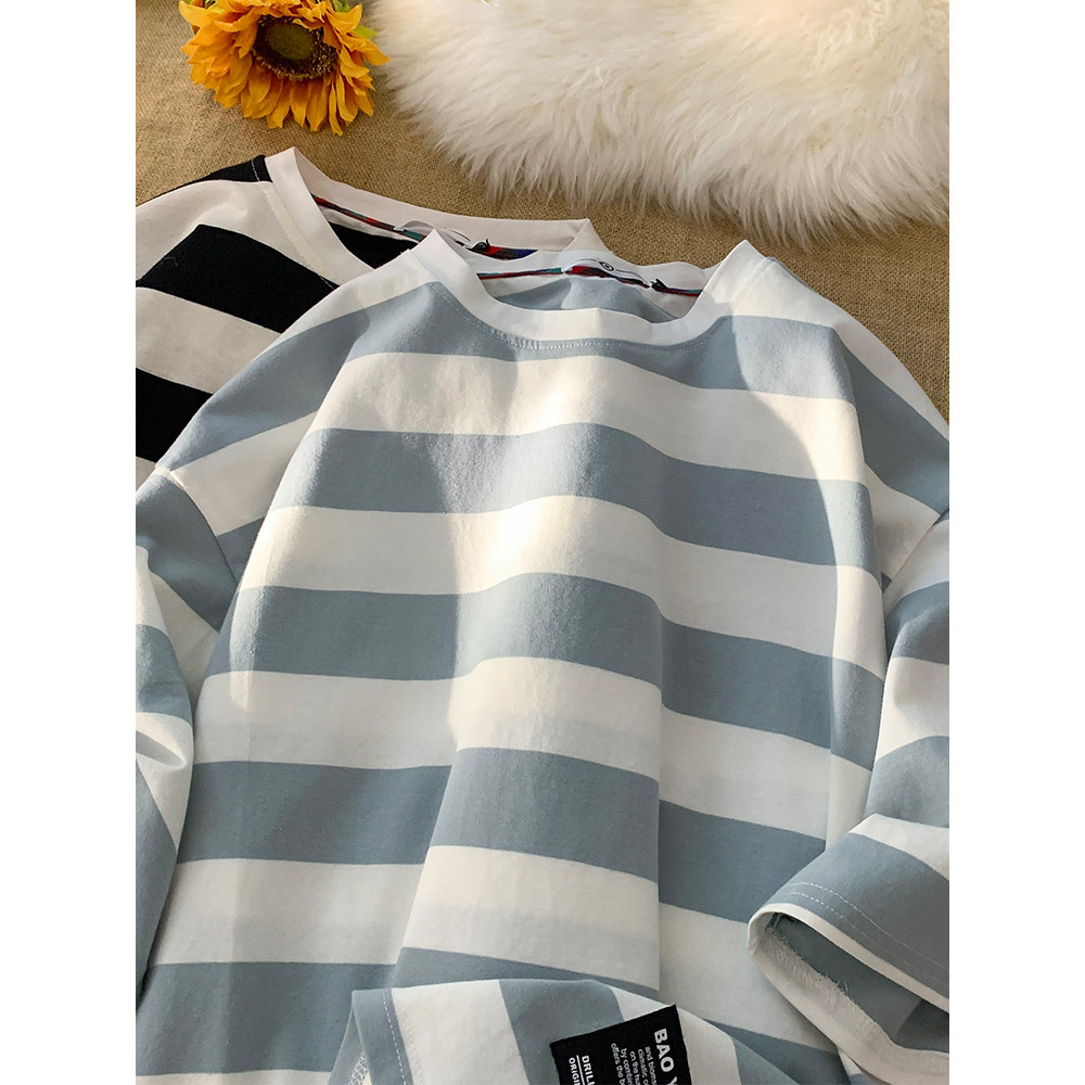 Camiseta listrada de manga curta masculina verão americano ins solto meia manga camiseta masculina na moda Casual em tor