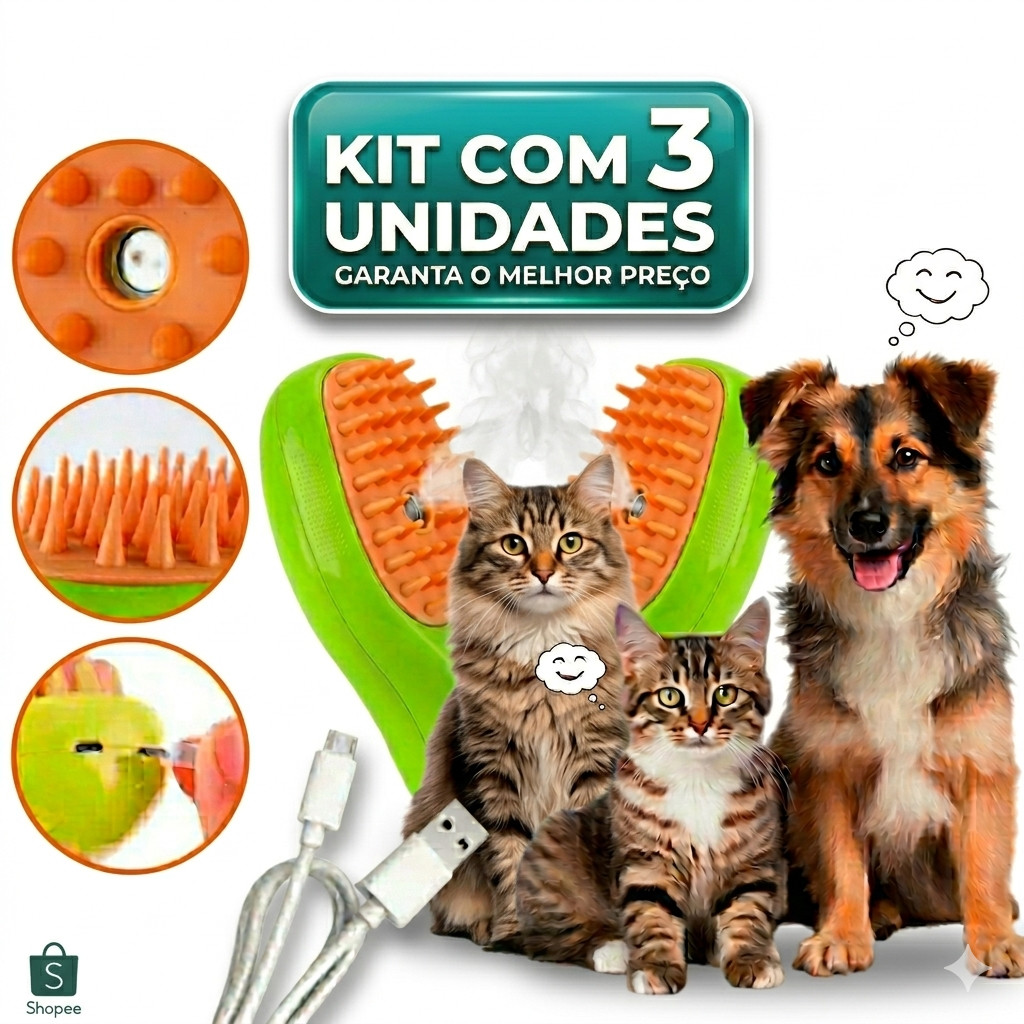 Escova a Vapor Pet 3 em 1 Verde Removedor de Pelos Cães e Gatos Pente Massageador Recarregável USB