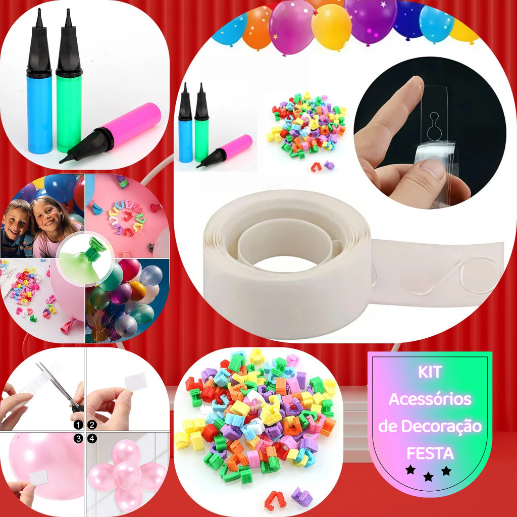 Kit Fita Arco Desconstruído + Bomba Manual Balão + Fita Gota Cola Bexiga + Clip Fecho de Balão
