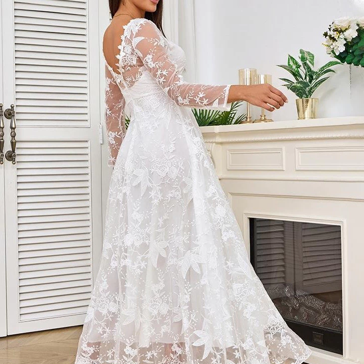 Vestido de Noiva Civil Branco de Manga Longa Cor Sólida FL4J QPCA — imagem 1