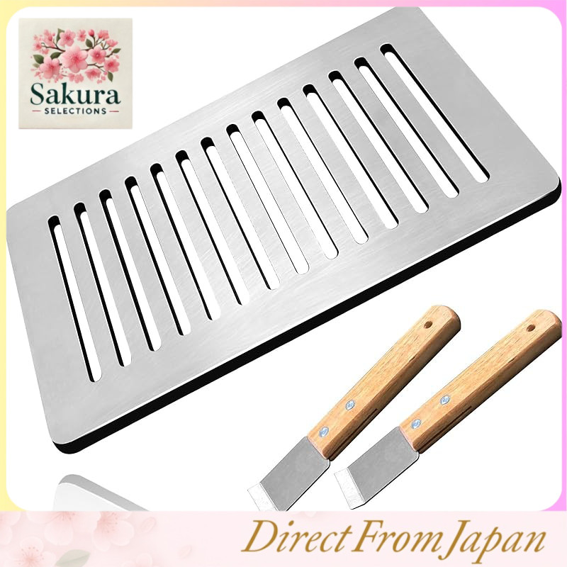 (Someie) Stainless Steel Plate, Rust-Resistant, Aburiya Yakiniku Plate, 6mm Thick, Robatayaki Grill Plate with Slits, Includes 2 Scrapers (Doubles as Lifters)