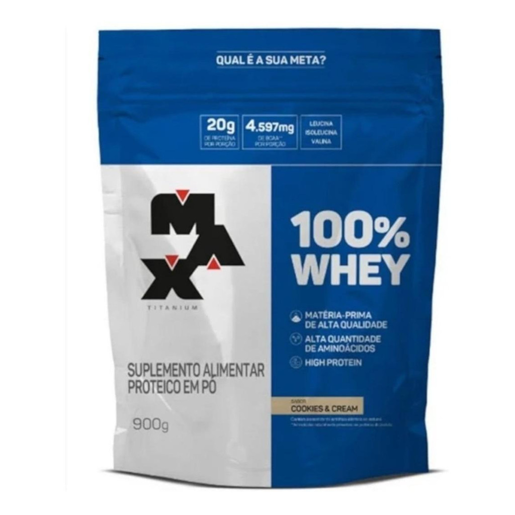 Suplemento em pó Max Titanium 100% Whey sabor cookies & cream em sachê de 900g