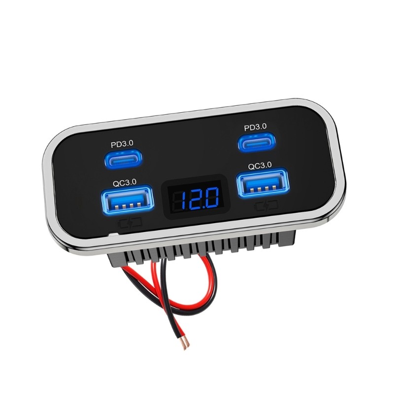 DLAY Carregadores De Carro USB De Metal Premium 4 Portas Duplo PD QC3 0 Voltímetro Proteção De Segurança Acessórios De M