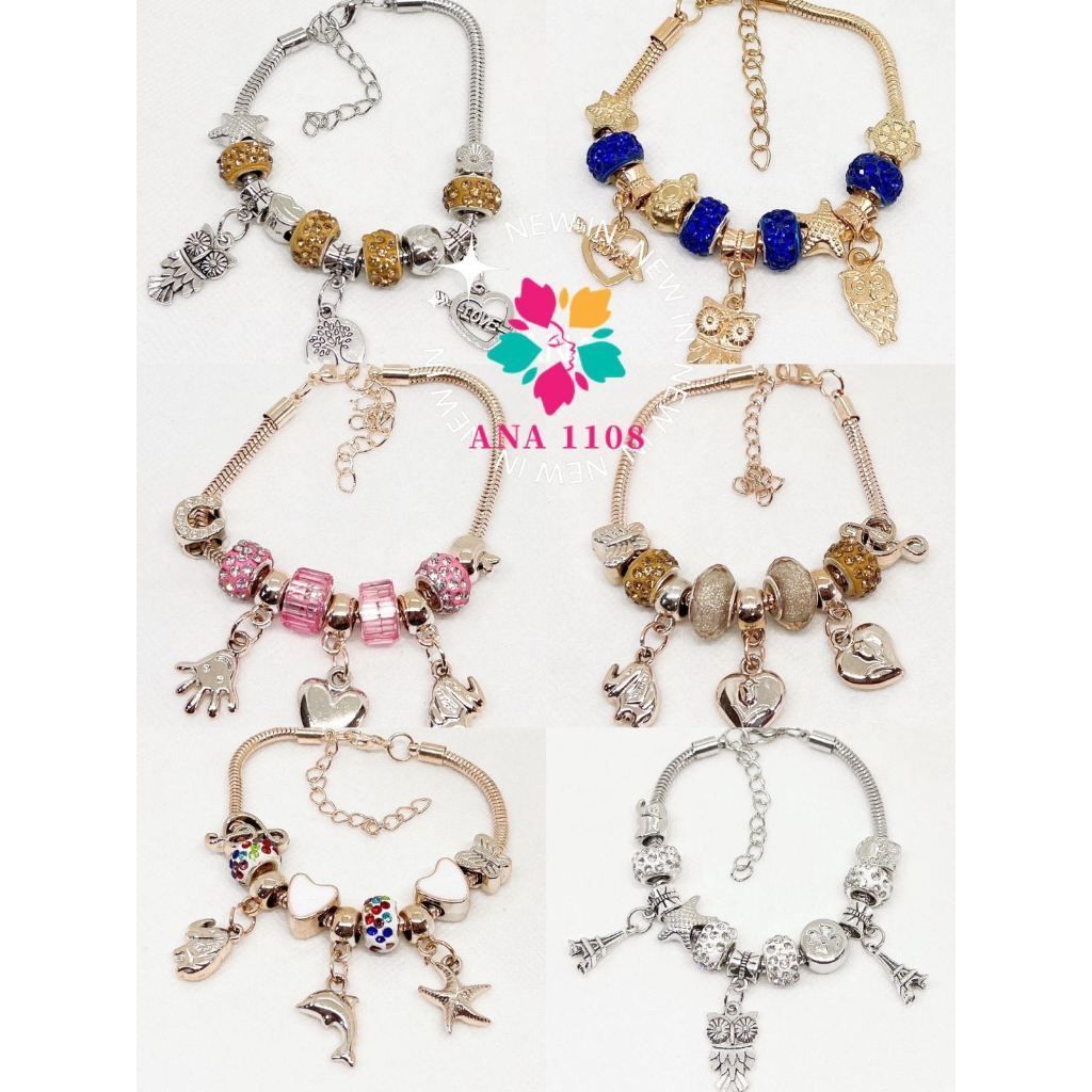 ANA1108 KIT 6 Pulseira Berloques Prateada, Rose e Dourada Estilo Feminina (Modelo aleatório) em Oferta na Shopee