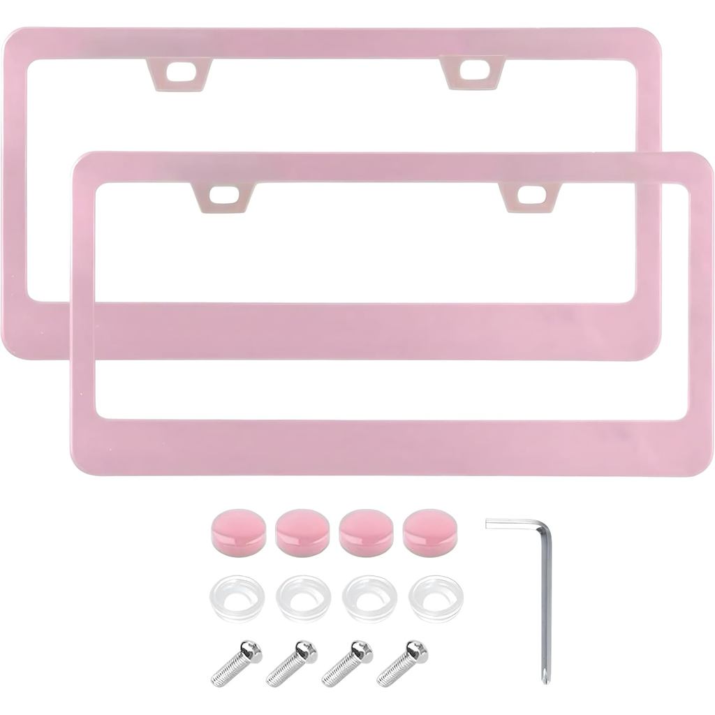 Conjunto de 2 Suportes de Placa de Licença em Rosa Cereja Fosco, Acessórios para Carro em Aço Inoxidável com Tampas de P
