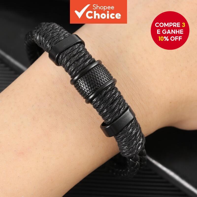 Pulseira Masculina Vintage Hip Hop Punk Couro Preto Tecido Para Festa