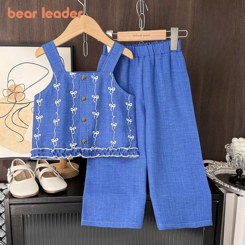Bear Leader 3-7 Anos Versão Coreana Roupas Infantis Casuais Verão Novo Laço Estampado Suspender Camiseta + Calças Conjun