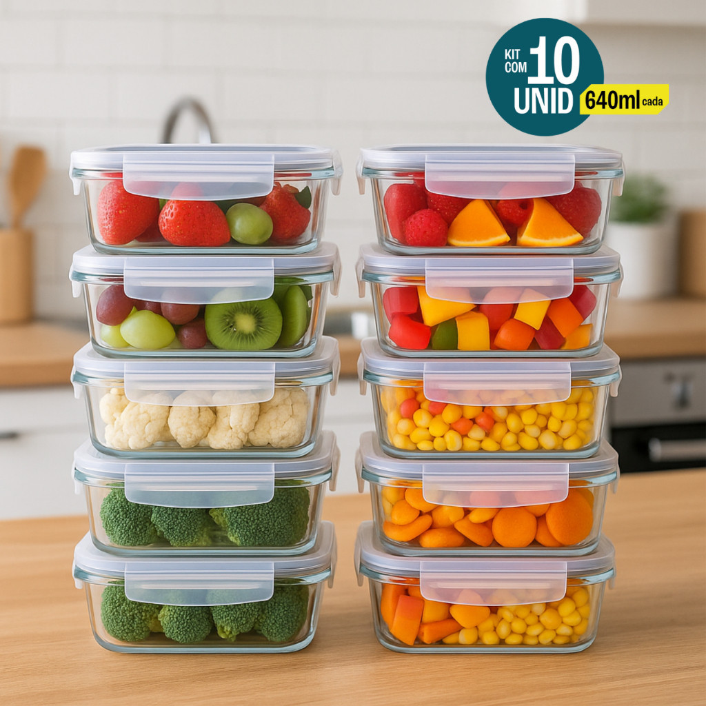 Imagem Kit 10 Potes De Vidro Hermético 640ml 4 Travas Livre De BPA Marmita Freezer Microondas