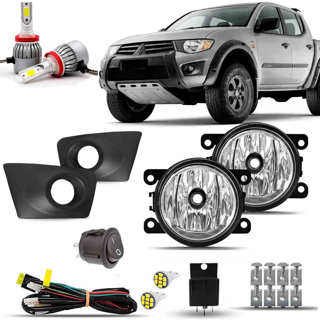 Kit Farol Milha Neblina Auxiliar Farolete Cibie Completo Triton L200 2010 2011 2012 Moldura Preta Com Super Led H8