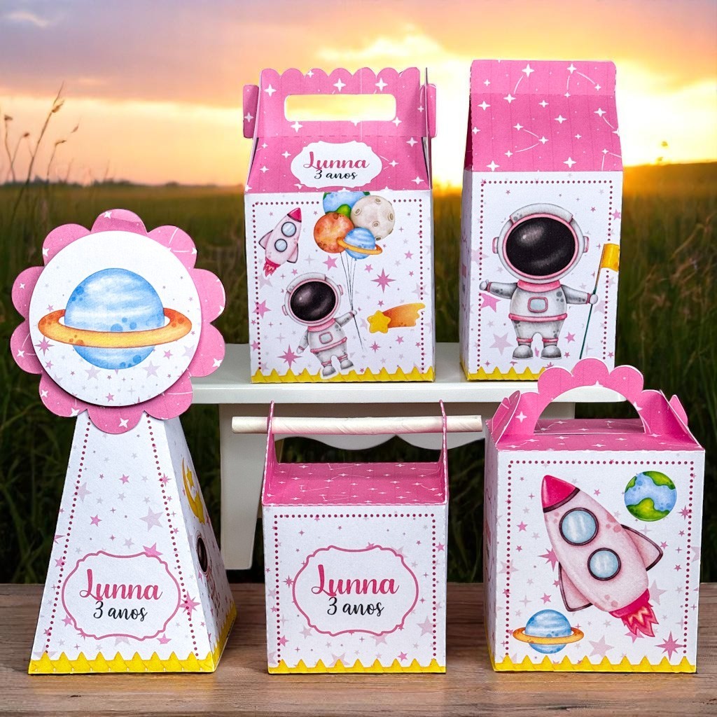 KIT FESTA  ASTRONAUTA ROSAPersonalizado  pegue e Monte Lembrancinhas - Aniversário - Caixinha Personalizadas