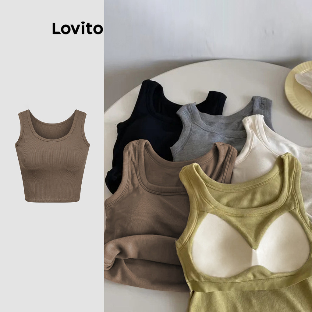 Lovito Regata Casual Lisa Básica Regata Para Mulheres LNE16170 (Café/Branco)