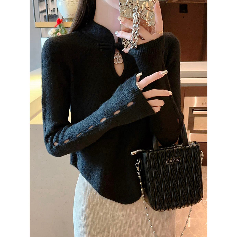 Design sentido estilo chinês fivela camisola feminina 2024 novo estilo outono inverno novo estilo chinês gota de água oc