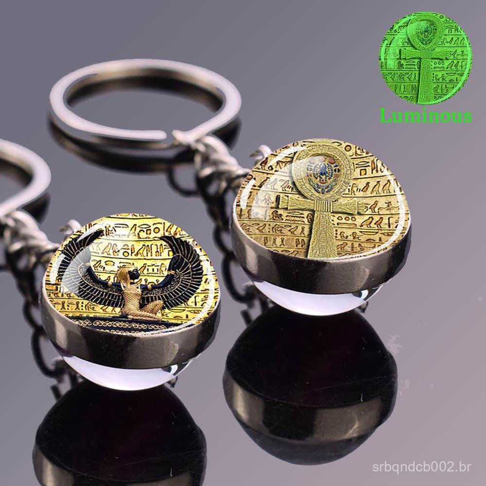 Antigo Egito Cultura Chaveiro Luminoso Ankh Faraó Pirâmide Anubis Deusa Escaravelho Bola De Vidro Pingente Brilho Na Esf