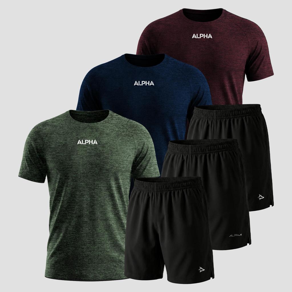Kit 6 Peças Dry 3 Camisetas e 3 Bermudas Alpha Co