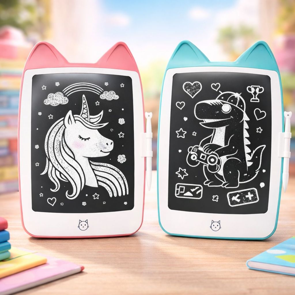 Imagem Lousa Mágica LCD Colorida Gatinho ursinho Tela Grande Infantil Rosa Azul