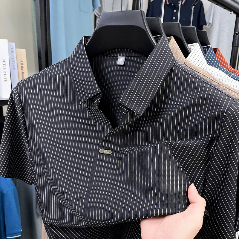 Camisa polo listrada masculina de alta qualidade, gola tesoura, manga curta, verão, novo estilo, negócios, Slim Fit, sem