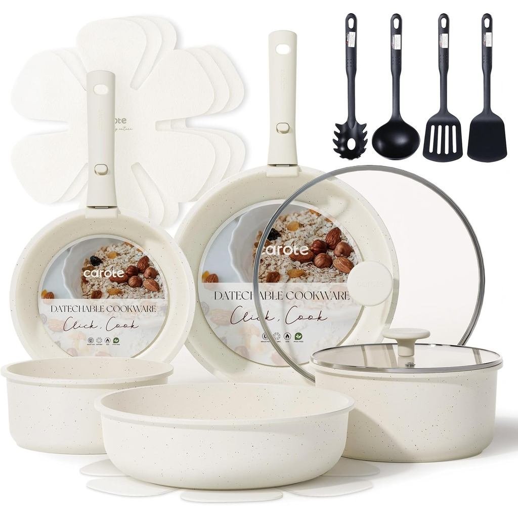 Conjunto de Panelas e Frigideiras CAROTE com 17 Peças, Conjunto de Utensílios de Cozinha Antiaderentes com Cabo Removíve