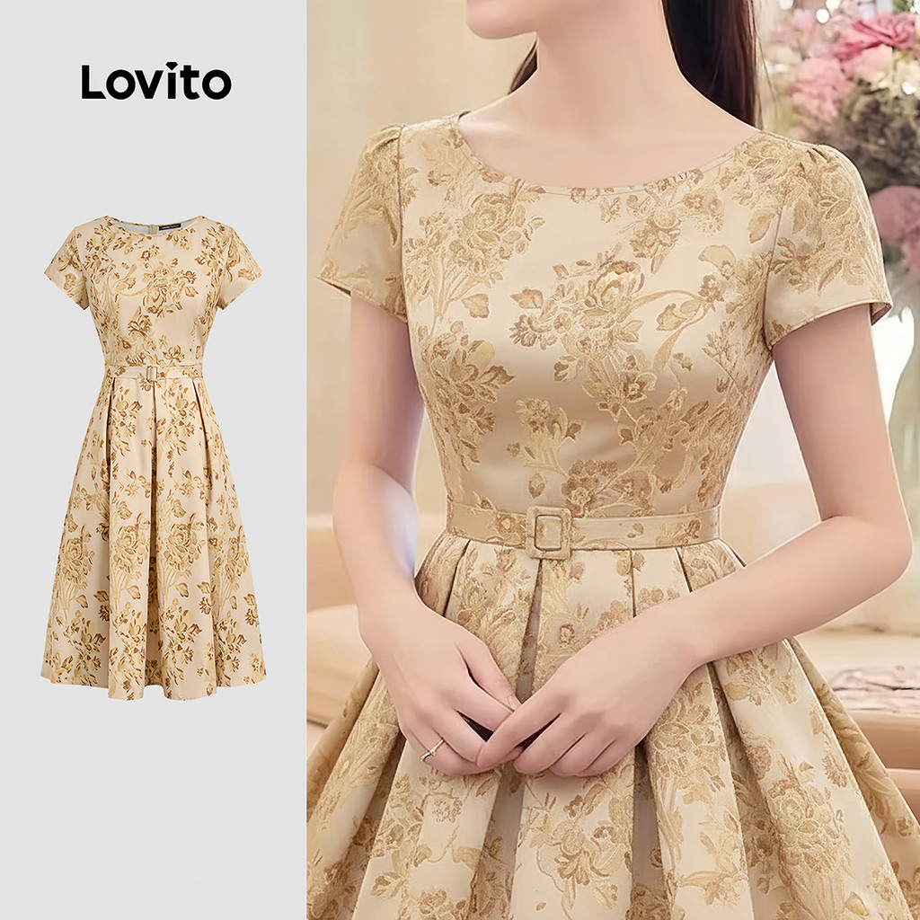 Lovito Elegante Padrão de Vestido Pregas com Cinto Primavera/verão Vestido Cáqui