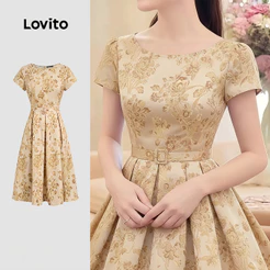Lovito Elegante Padrão de Vestido Pregas com Cinto Primavera/verão Vestido Cáqui para Mulheres L183ED068