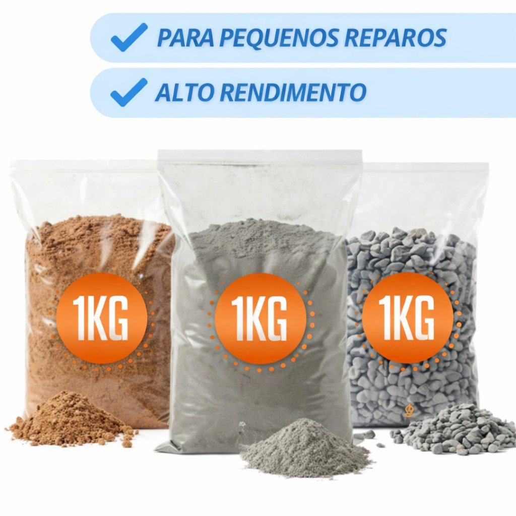 Kit Pequenos Reparos Cimento, Areia Grossa e Brita 1kg Cada Construção Fácil Sem Desperdício