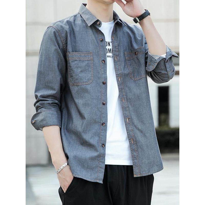 Camisa jeans masculina de manga comprida solta outono puro algodão camisa masculina Casual versão coreana jaqueta na mod