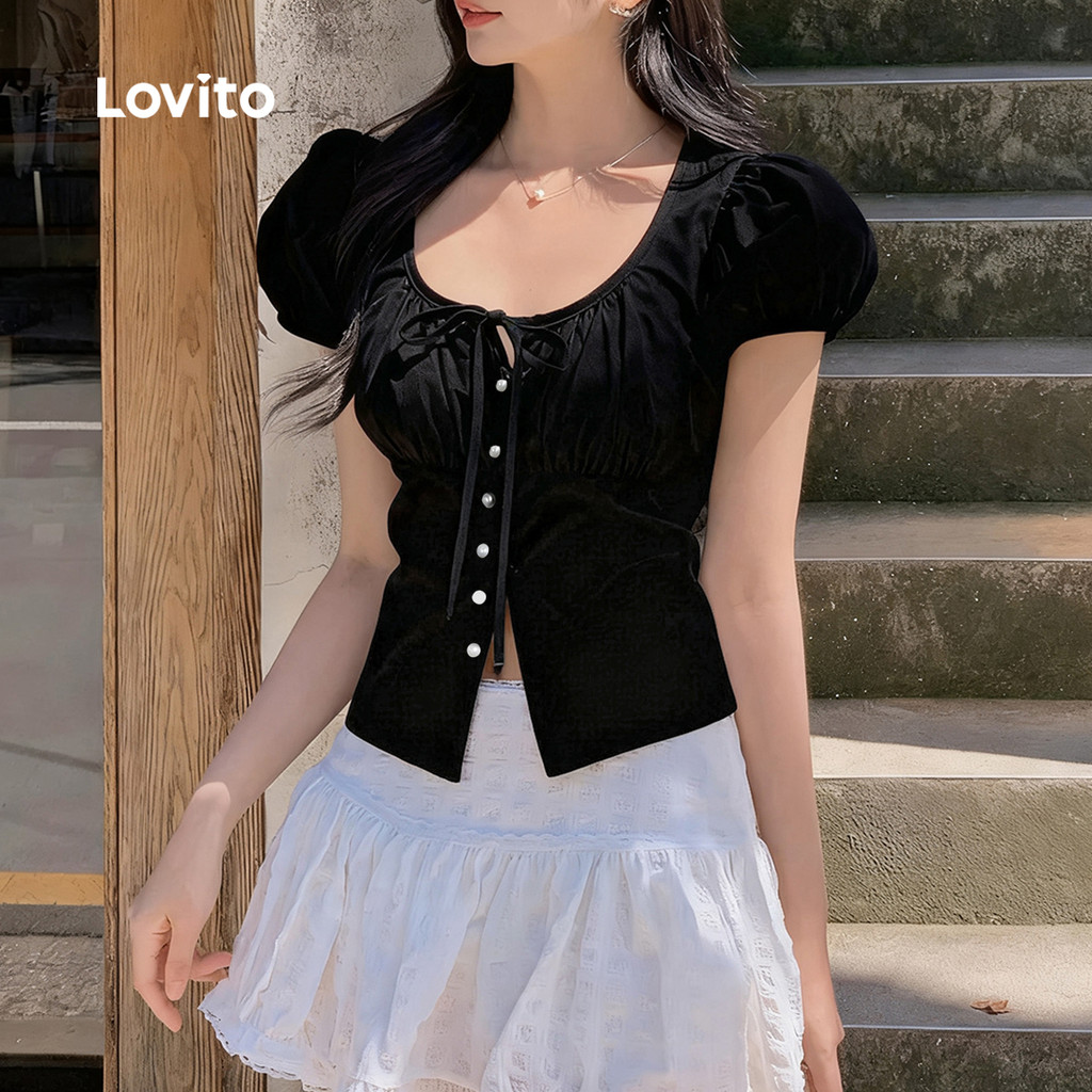 Lovito Blusa Casual com Botão e Amarração Frontal para Primavera/verão Blusa Rosa para Mulheres L165ED692 · foto 2