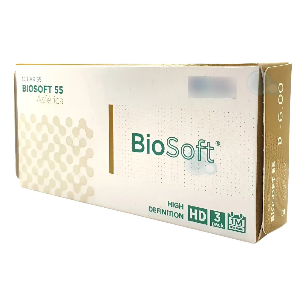 Lente de Contato Gelatinosa Incolor com Grau Biosoft 55A HD - Caixa 3 Lentes