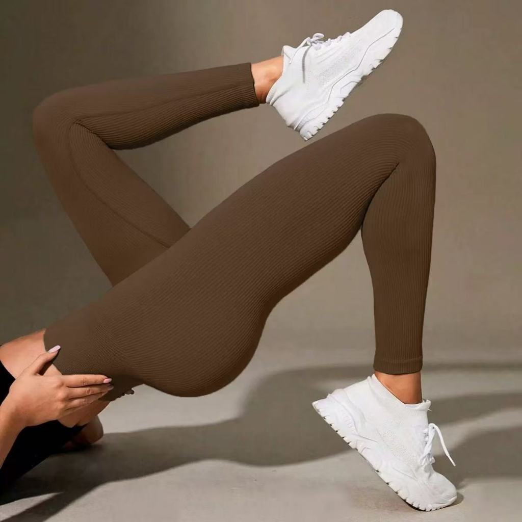 Calça Legging Canelada de Cintura Alta Sem Costura para Academia Feminina