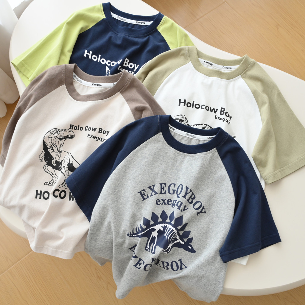 170 médio grande crianças algodão puro manga curta meninos meninas em torno do pescoço manga Raglan impresso camiseta es
