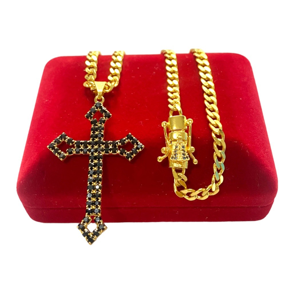 CORRENTE GRUMET 4MM - CRUZ C/ ZIRCÔNIA - BANHO DE OURO 18K - UNISSEX - FEIXO GAVETA EDIÇÃO ESPECIAL NOSSA SENHORA