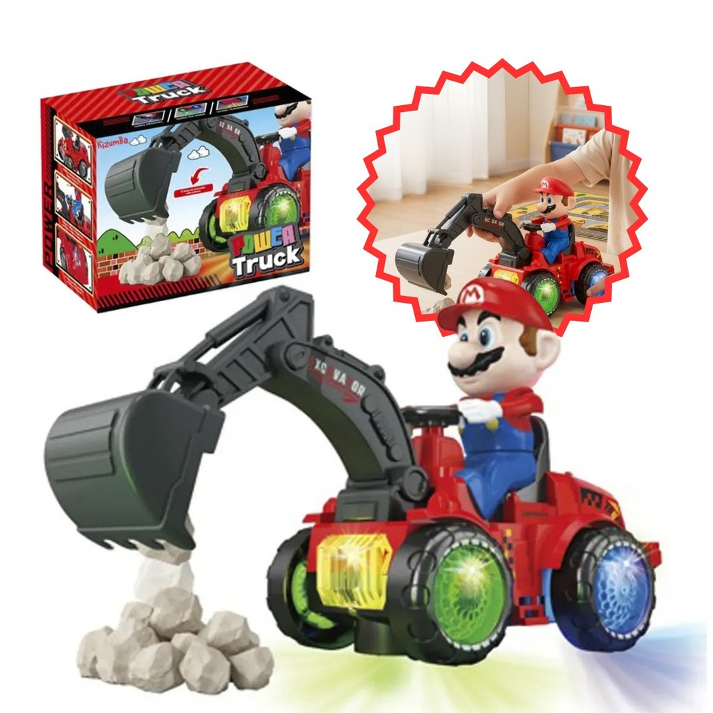 Escavadeira Trator Carrinho Super Mario Bate E Volta Luz Som Brinquedo Infantil Construtor Kizumba