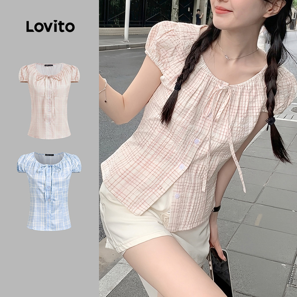 Lovito Casual Blusa De Verão/primavera Listrada Com Amarração E Pregas Para Mulh