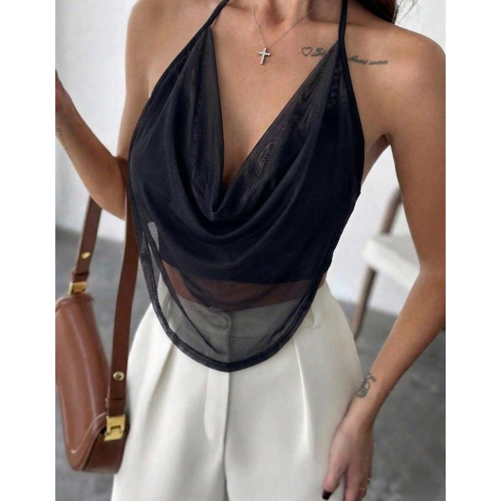 Cropped Feminino Blusinha Tule Frente Única Costas Nua Drapaeado Moda Festa