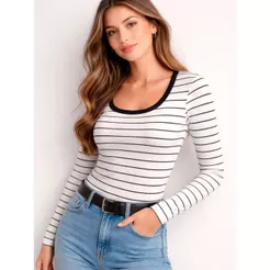 Camiseta Feminina Listrada Manga Longa Básica Casual, Blusa Feminina Confortável Slim Fit Versátil