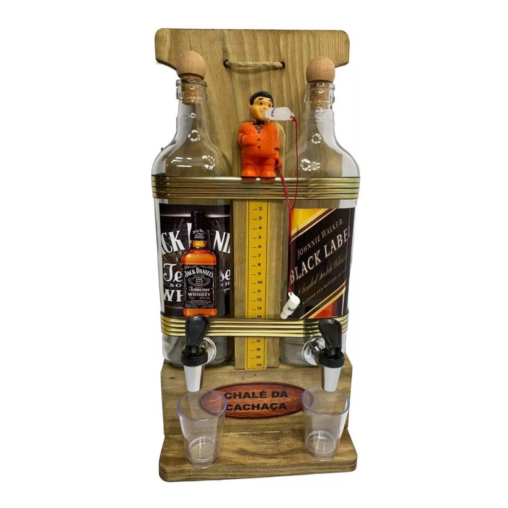 Pingometro Madeira Bonequinho Cana Brava, para Cachaça , Área gourmet , Cantinho de churrasco e Barzinho com 2 Garrafas