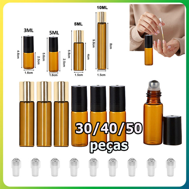 Kit 30/40/50 Frasco roll-on de vidro âmbar para óleos essenciais frasco para amostras frasco à prova de vazamento