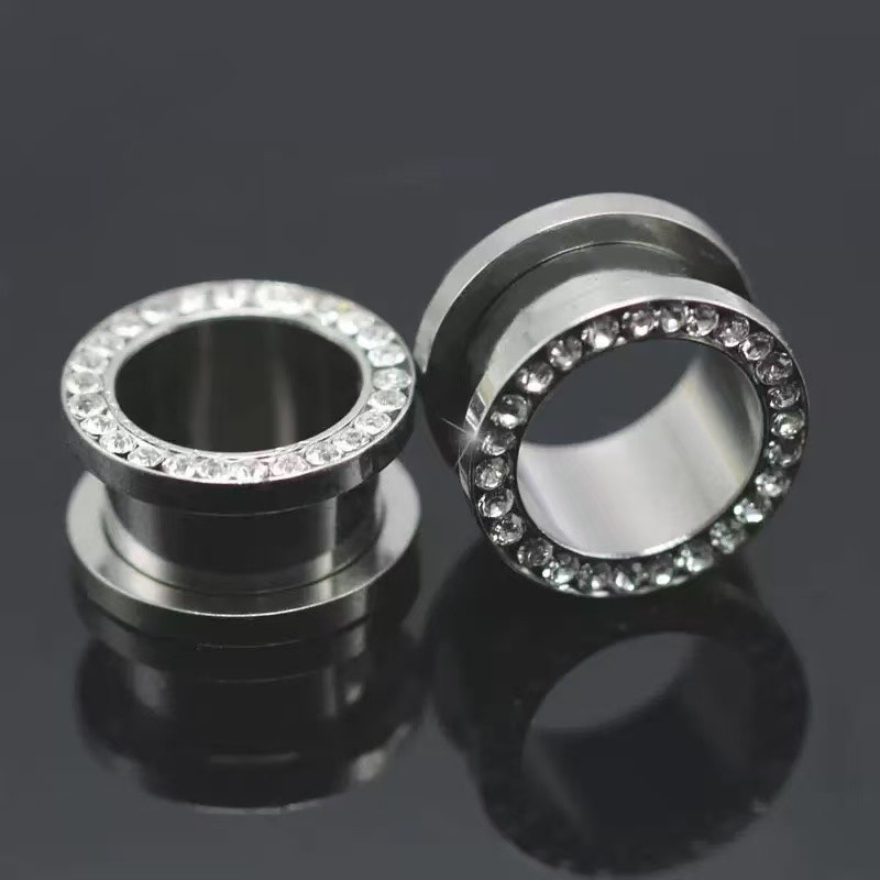 1Par Alargador Aço Cirúrgico Pvd Com Zircônia Cravejada Cor Prata Preto 1mm ao 16mm KA801 — imagem 2 de 2