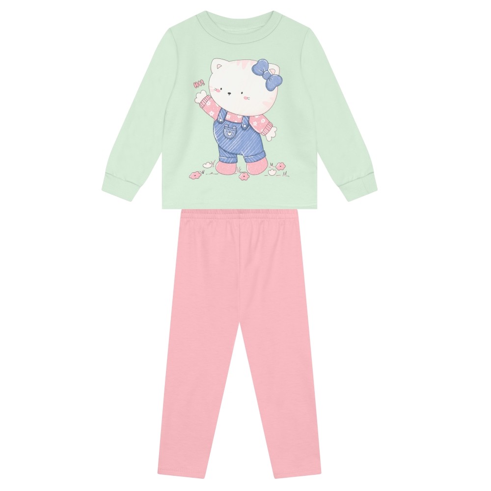 Conjunto Infantil Menina Brandili Inverno com Calça Legging Rosa e Moletom Flanelado Gatinha
