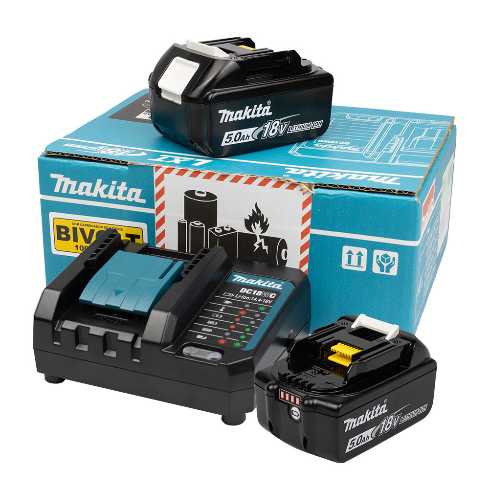 Kit de Energia com 2 Baterias 18V 5Ah BL1850B e Carregador de Bateria DC18WC Bivolt Makita PSKDWT2