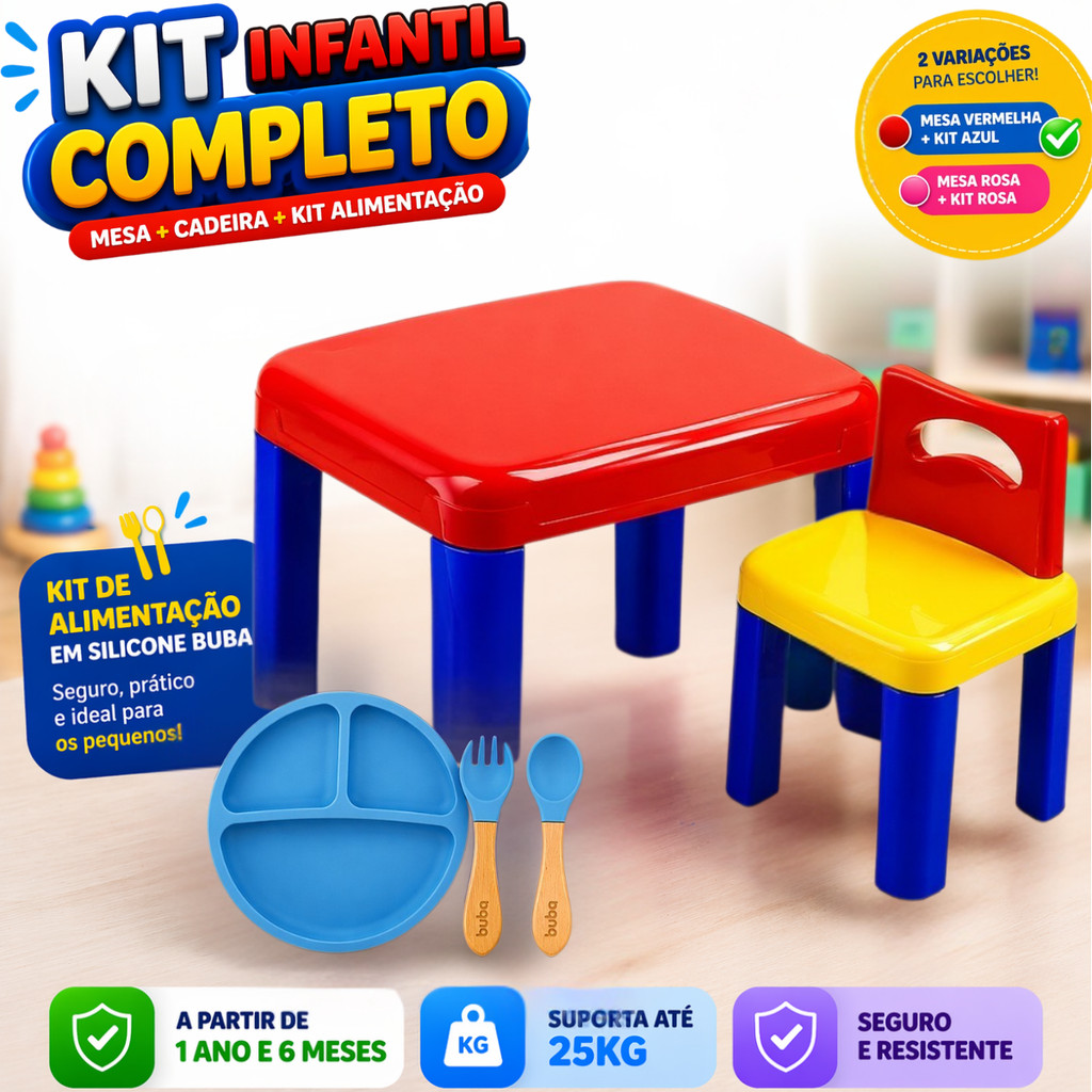 Kit Mesa Infantil + Cadeira + Prato Silicone + Talher Buba Completo