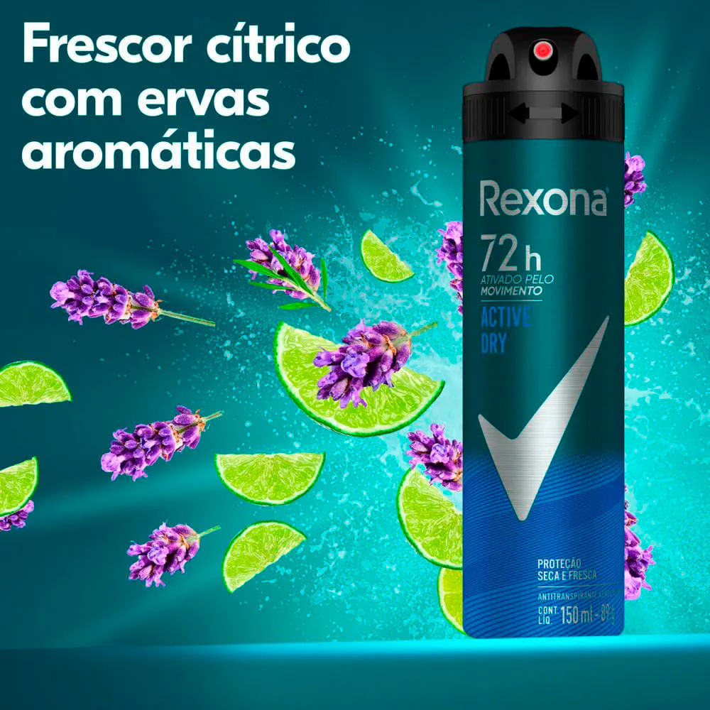 Detalhes do Kit Desodorante Aerosol Rexona Active Dry/Azul 150ml - 3 Unidades
