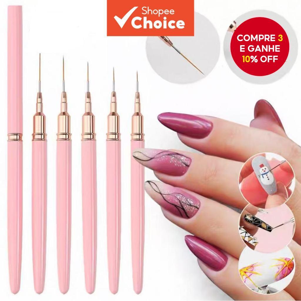 Conjunto com 5 Pincéis para Arte de Unhas - Ferramenta Profissional para Linhas, Desenho e Pintura com Gel UV.