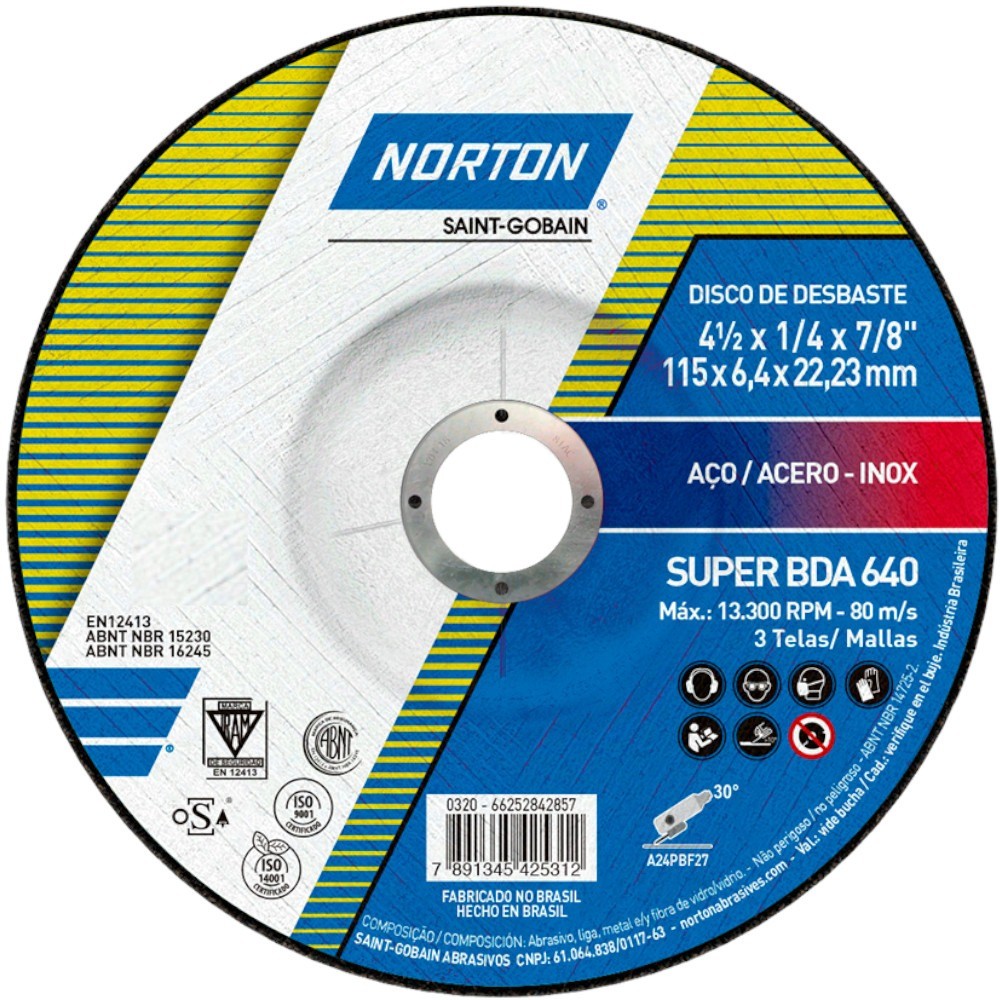 Detalhes do Disco de desbaste para metal 4.1/2 x 1/4 x 7/8 pol - Norton