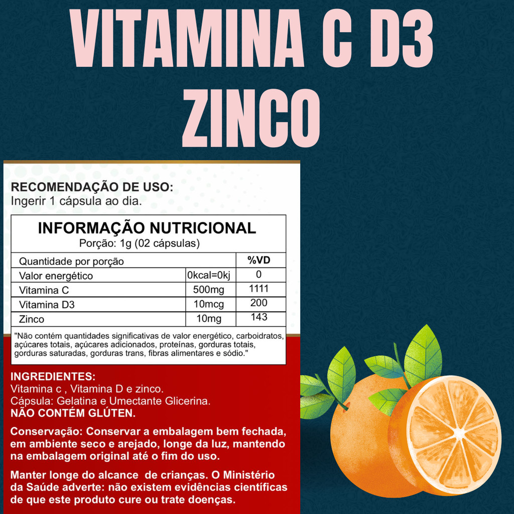 Vitamina C + D3 com Zinco, 120 cápsulas, imunidade
