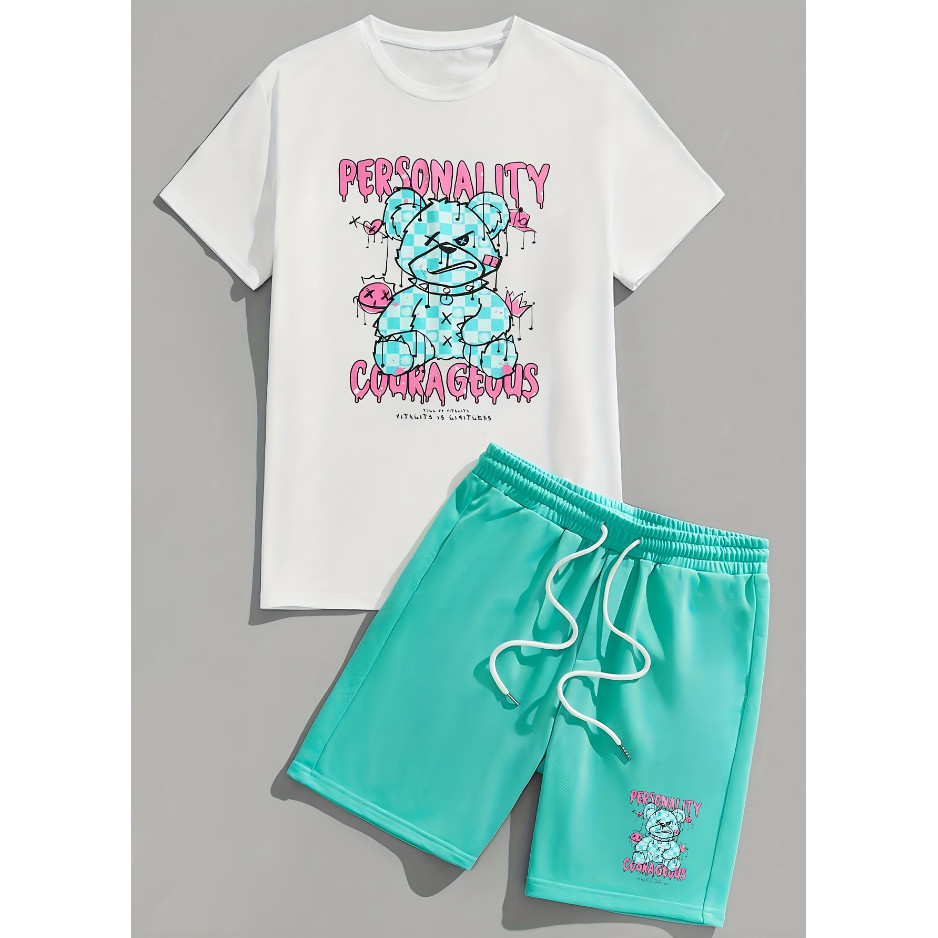 2026 Verão Simples Moda Legal Selfie Bear Cartoon Impresso Loungewear Terno Manga Curta Gola Redonda 2 Peças Camiseta Ma