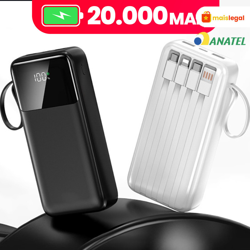 Power Bank 20000mAh: Ultra Rápido, Carregador Portátil, 4 Portas USB e Visor Digital