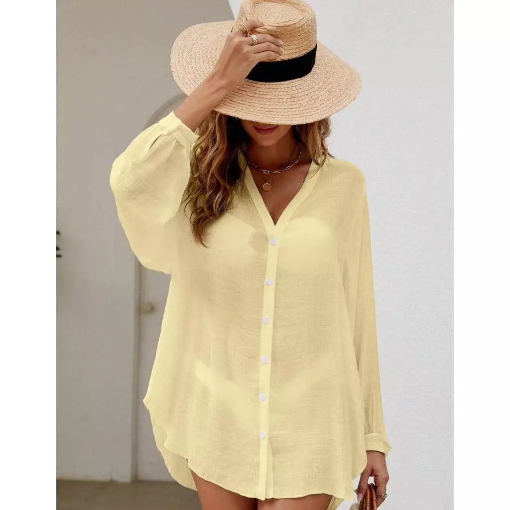 Camisa Camisão Chemise Com Botões Manga Longa Saida de Praia Solta Moda Verão