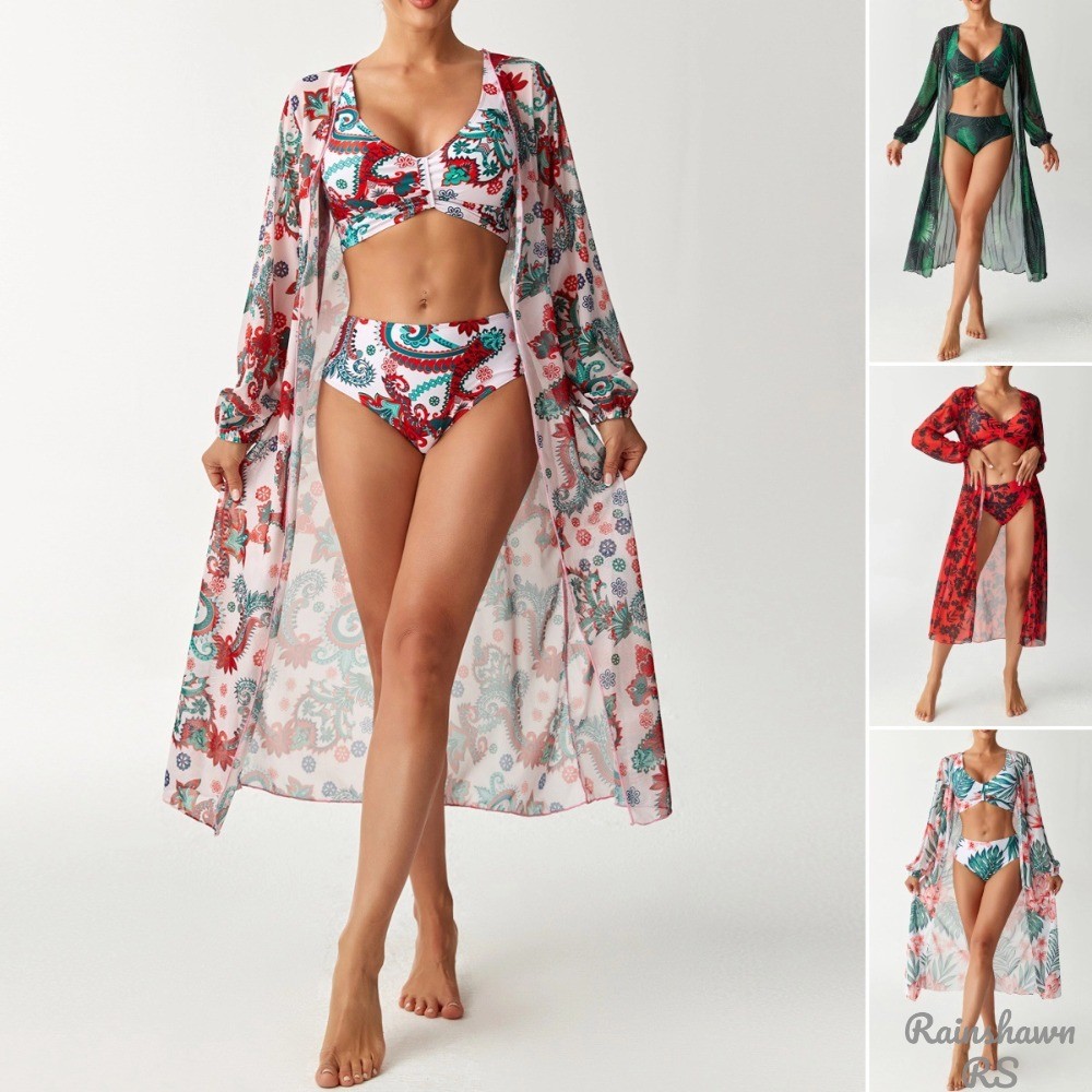 Flores Sexy Conjunto de Três Peças Blusa Maio Feminino Praia Maio Natação Maio Feminino Praia Moda Praia Vestido Praia