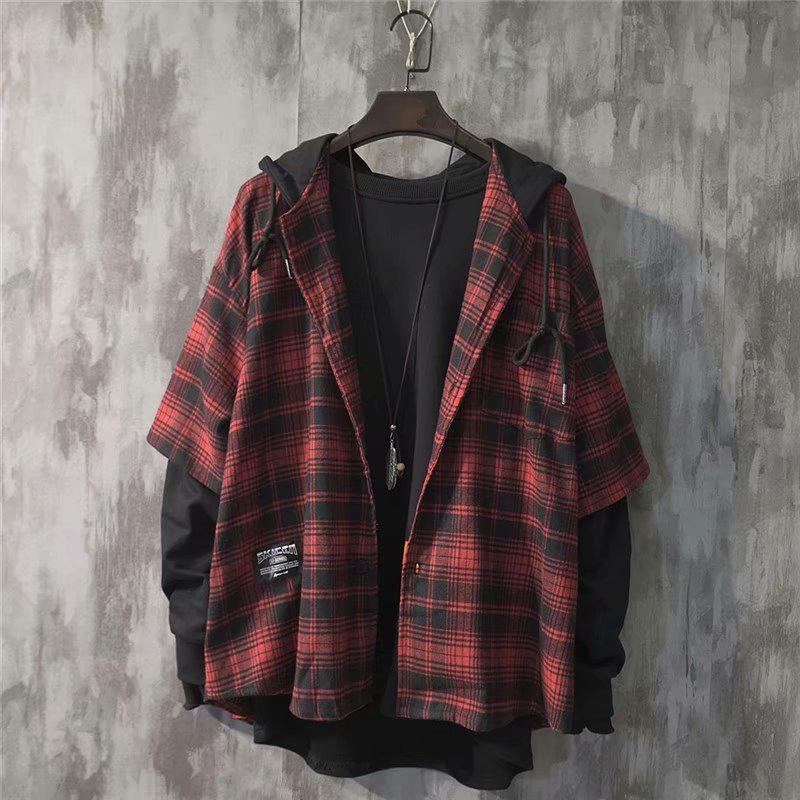 Estilo japonês com capuz camisa xadrez masculina na moda de manga comprida solta Retro estilo Hong Kong ins na moda prim